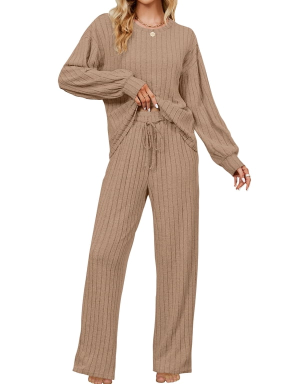 Pajama Sets for Women Long Sleeve Lounge Set Ribbed Knit Sleepwear 2 Piece Pjs Soft Loungewear with Pockets