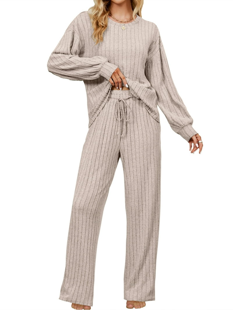 UVN Pajama Sets for Women Long Sleeve Lounge Set Ribbed Knit