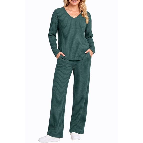 UVN Outfit Sets for Women Two Piece Sets Winter Casual Long Sleeve Tops and Long Pants Lounge Sets Ribbed Knit Pajama Sets with Pockets