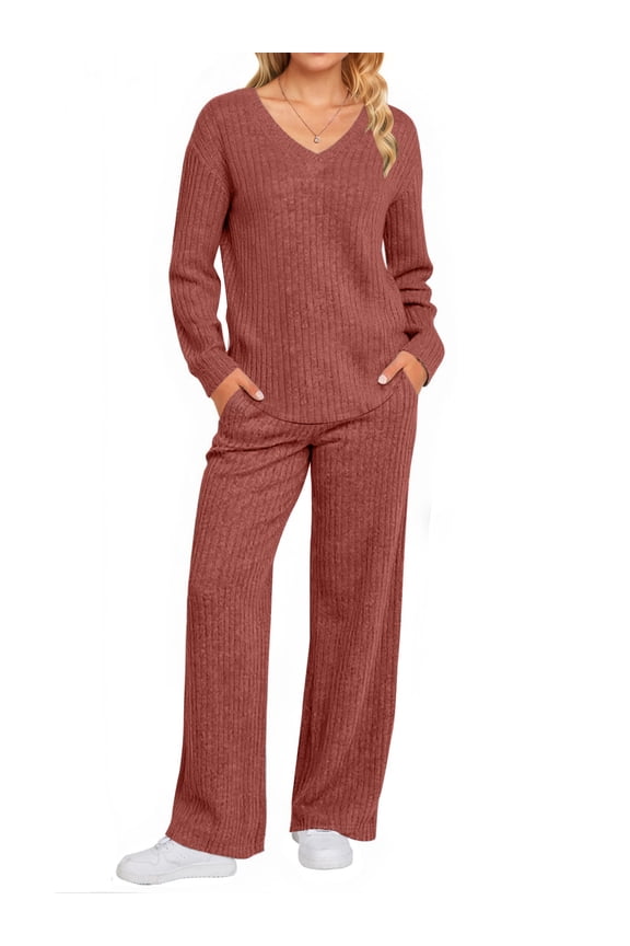 Outfit Sets for Women Two Piece Sets Winter Casual Long Sleeve Tops and Long Pants Lounge Sets Ribbed Knit Pajama Sets with Pockets