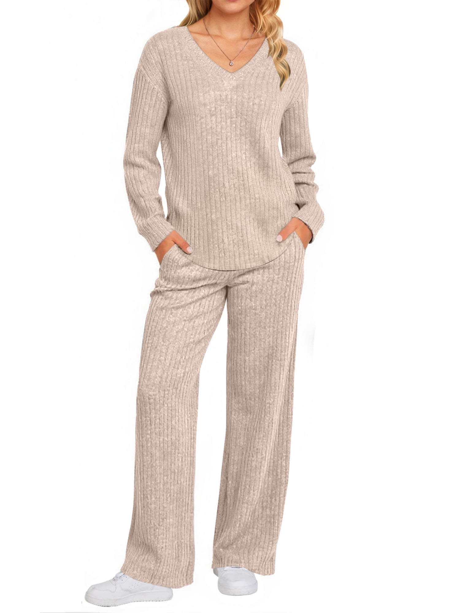 Outfit Sets for Women Two Piece Sets Winter Casual Long Sleeve Tops and Long Pants Lounge Sets Ribbed Knit Pajama Sets with Pockets