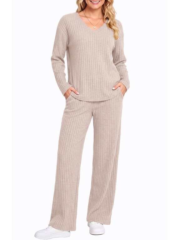 Outfit Sets for Women Two Piece Sets Winter Casual Long Sleeve Tops and Long Pants Lounge Sets Ribbed Knit Pajama Sets with Pockets