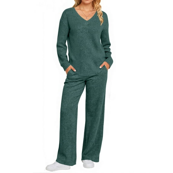 UVN Outfit Sets for Women Two Piece Sets Winter Casual Long Sleeve Tops and Long Pants Lounge Sets Ribbed Knit Pajama Sets with Pockets
