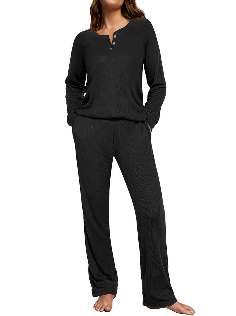UVN Pajama Sets for Women Waffle Knit Lounge Sets Long Sleeve