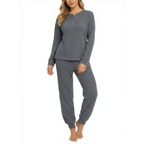 UVN Pajama Sets for Women Waffle Knit Lounge Sets Long Sleeve Henley Shirts and Long Pants Sleepwear 2 Piece Pjs Soft Comfy Loungewear with Pockets