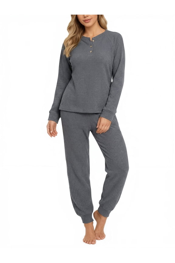 Pajama Sets for Women Waffle Knit Lounge Sets Long Sleeve Henley Shirts and Long Pants Sleepwear 2 Piece Pjs Soft Comfy Loungewear with Pockets