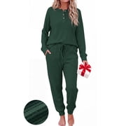 UVN Pajama Sets for Women Waffle Knit Lounge Sets Long Sleeve Henley Shirts and Long Pants Sleepwear 2 Piece Pjs Soft Comfy Loungewear with Pockets