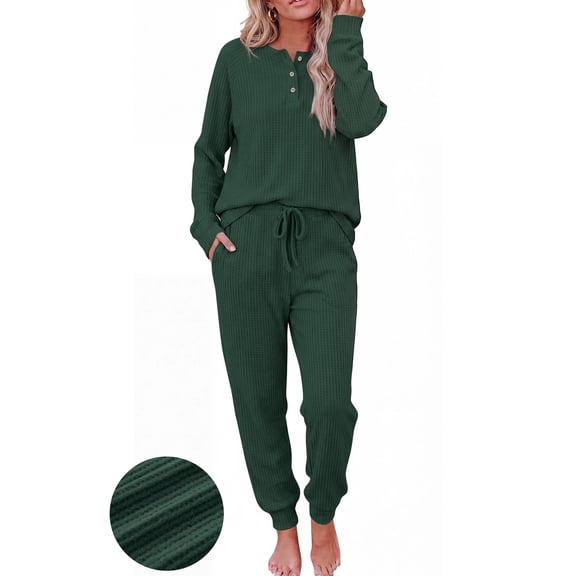 UVN Pajama Sets for Women Waffle Knit Lounge Sets Long Sleeve Henley Shirts and Long Pants Sleepwear 2 Piece Pjs Soft Comfy Loungewear with Pockets