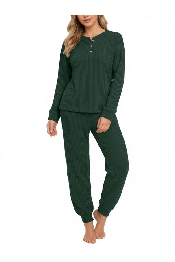 Pajama Sets for Women Waffle Knit Lounge Sets Long Sleeve Henley Shirts and Long Pants Sleepwear 2 Piece Pjs Soft Comfy Loungewear with Pockets