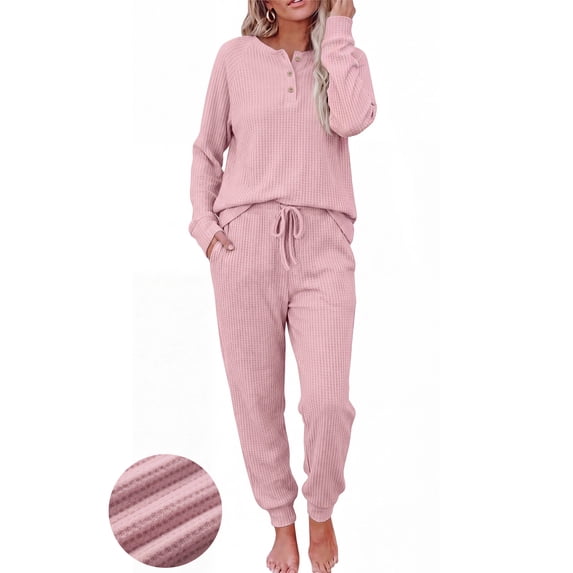 UVN Pajama Sets for Women Waffle Knit Lounge Sets Long Sleeve Henley Shirts and Long Pants Sleepwear 2 Piece Pjs Soft Comfy Loungewear with Pockets