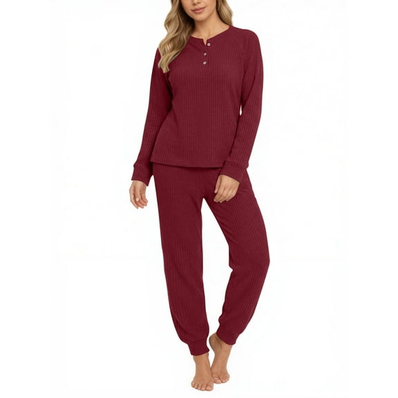 UVN Pajama Sets for Women Waffle Knit Lounge Sets Long Sleeve Henley Shirts and Long Pants Sleepwear 2 Piece Pjs Soft Comfy Loungewear with Pockets
