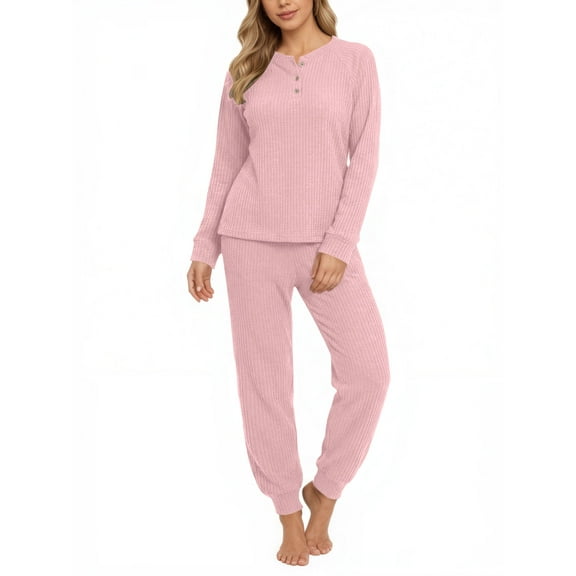 UVN Pajama Sets for Women Waffle Knit Lounge Sets Long Sleeve Henley Shirts and Long Pants Sleepwear 2 Piece Pjs Soft Comfy Loungewear with Pockets