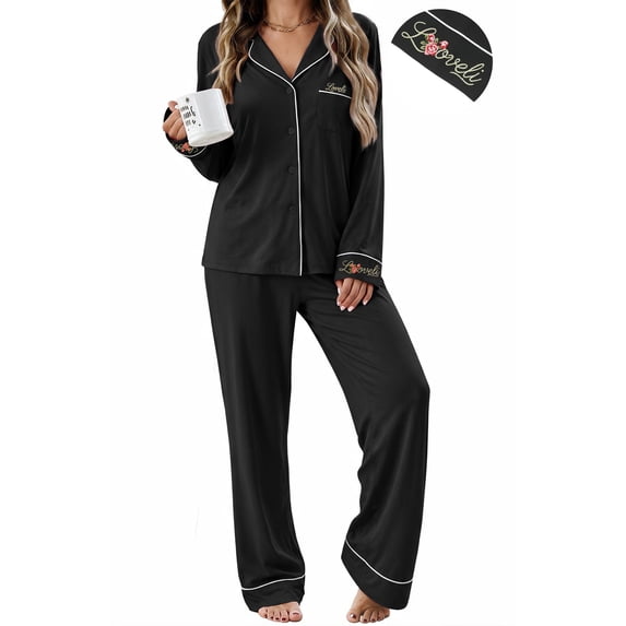 UVN Fall Pajama Set for Women Embroidered Floral Button Up Tops with Drawstring Pocket Pants Ladies Casual Lounge Set