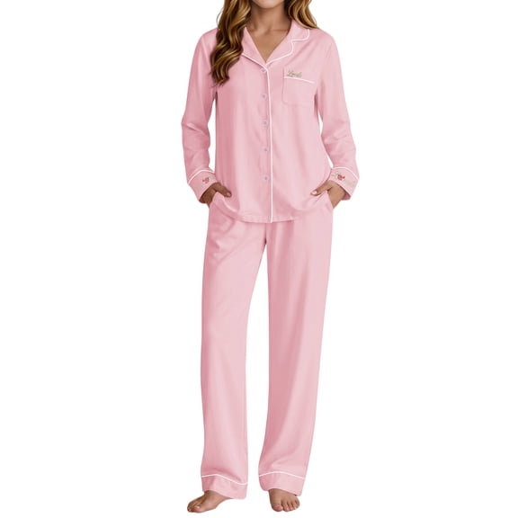 UVN Pajama for Women Embroidered Button Up Sleepwear with Drawstring Pocket Pants Ladies Casual Lounge Set