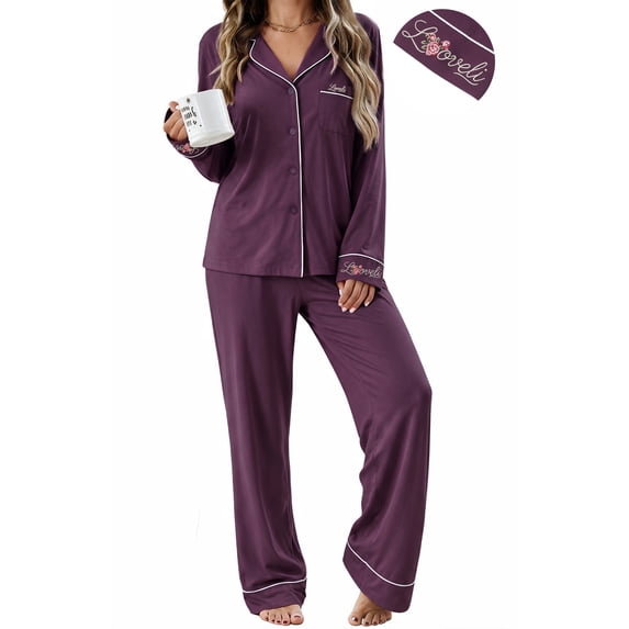 UVN Fall Pajama Set for Women Embroidered Floral Button Up Tops with Drawstring Pocket Pants Ladies Casual Lounge Set