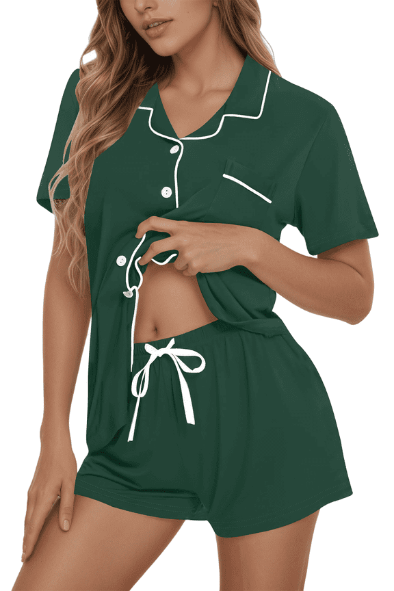 Pajamas Sets for Women Button Down Short Sleeve Tops and Drawstring Shorts 2 Piece Lounge Set