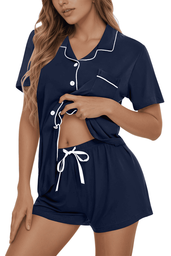 Pajamas Sets for Women Button Down Short Sleeve Tops and Drawstring Shorts 2 Piece Lounge Set