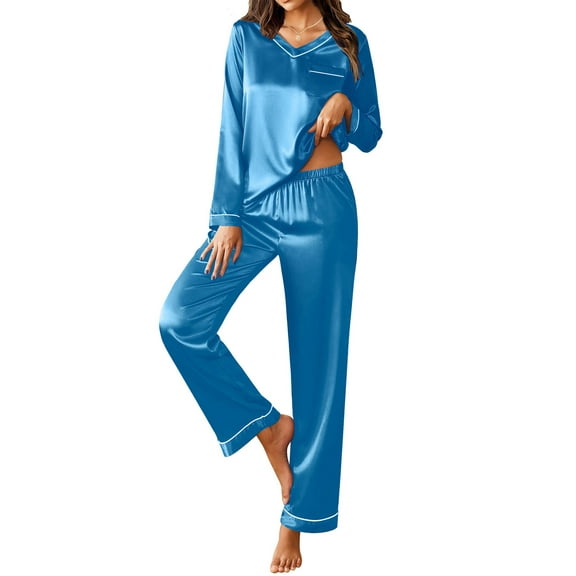 UVN Pajamas Sets for Women Fall Long Sleeve Tops and Long Pants Soft Satin Silk Pj Set Sleepwear Loungewear 2 Piece Outfit