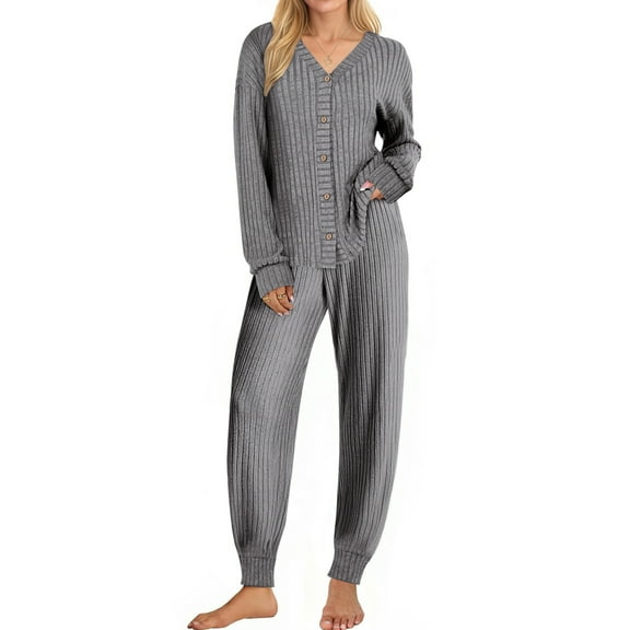 UVN Pajamas Sets for Women Long Sleeve Button Down Tops and Pants 2 Piece Outfit Fall Sleepwear Pjs Lounge Sets with Pockets