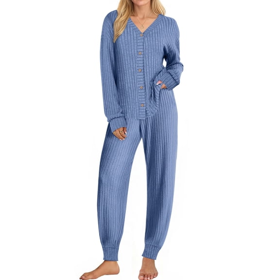 UVN Pajamas Sets for Women Long Sleeve Button Down Tops and Pants 2 Piece Outfit Fall Sleepwear Pjs Lounge Sets with Pockets