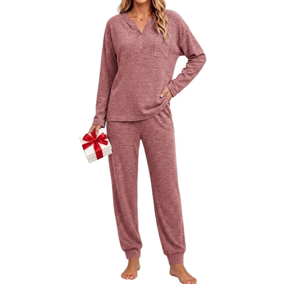 UVN Pajamas Sets for Women Long Sleeve Henley Neck Tops and Pants 2 Piece Outfits Fall Winter Casual Sleepwear Pjs Lounge Sets