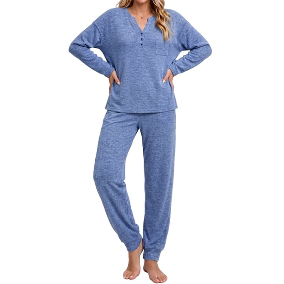 UVN Pajamas Sets for Women Long Sleeve Henley Neck Tops and Pants 2 Piece Outfits Fall Winter Casual Sleepwear Pjs Lounge Sets