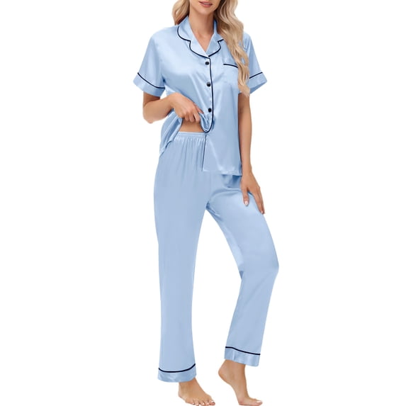 UVN Pajamas Sets for Women Short Sleeve Button Down Tops And Pants Sleepwear Soft Silk Satin Pjs Loungewear 2 Piece Outfit