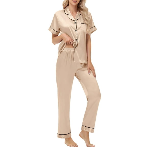 UVN Pajamas Sets for Women Short Sleeve Button Down Tops And Pants Sleepwear Soft Silk Satin Pjs Loungewear 2 Piece Outfit