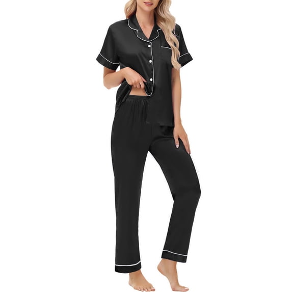 UVN Pajamas Sets for Women Short Sleeve Button Down Tops And Pants Sleepwear Soft Silk Satin Pjs Loungewear 2 Piece Outfit