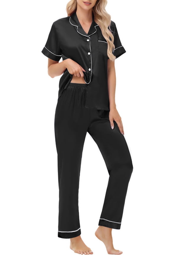 Pajamas Sets for Women Short Sleeve Button Down Tops And Pants Sleepwear Soft Silk Satin Pjs Loungewear 2 Piece Outfit