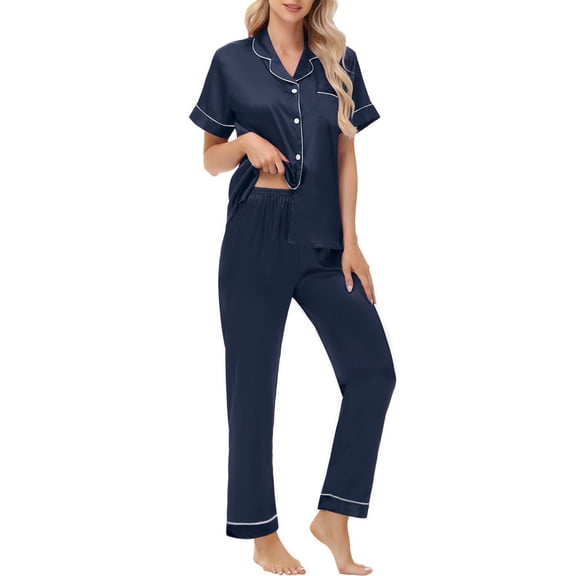UVN Pajamas Sets for Women Short Sleeve Button Down Tops And Pants Sleepwear Soft Silk Satin Pjs Loungewear 2 Piece Outfit