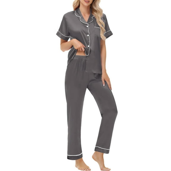 UVN Pajamas Sets for Women Short Sleeve Button Down Tops And Pants Sleepwear Soft Silk Satin Pjs Loungewear 2 Piece Outfit
