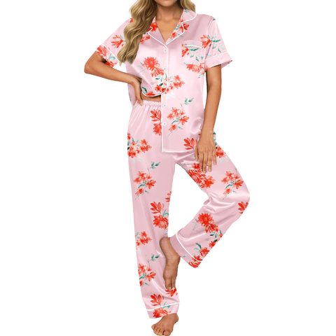 Pajamas Sets for Women Short Sleeve Button Down Tops And Pants Sleepwear Soft Silk Satin Pjs Loungewear 2 Piece Outfit