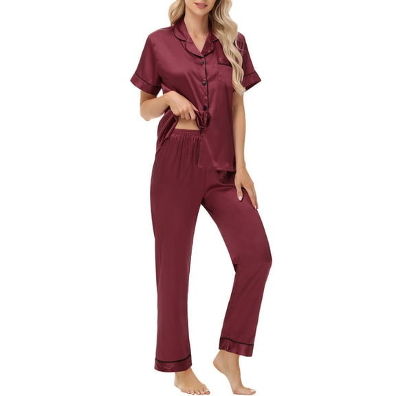 UVN Pajamas Sets for Women Short Sleeve Button Down Tops And Pants Sleepwear Soft Silk Satin Pjs Loungewear 2 Piece Outfit