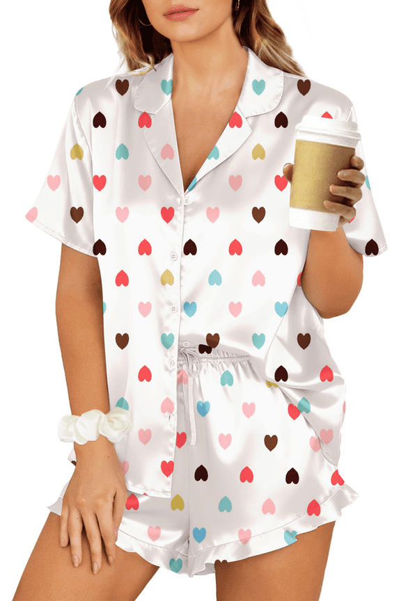 Pajamas Sets for Women Short Sleeve Button Down Tops and Ruffle Shorts 2 Piece Outfit Satin Silk Pjs Sleepwear Loungewear