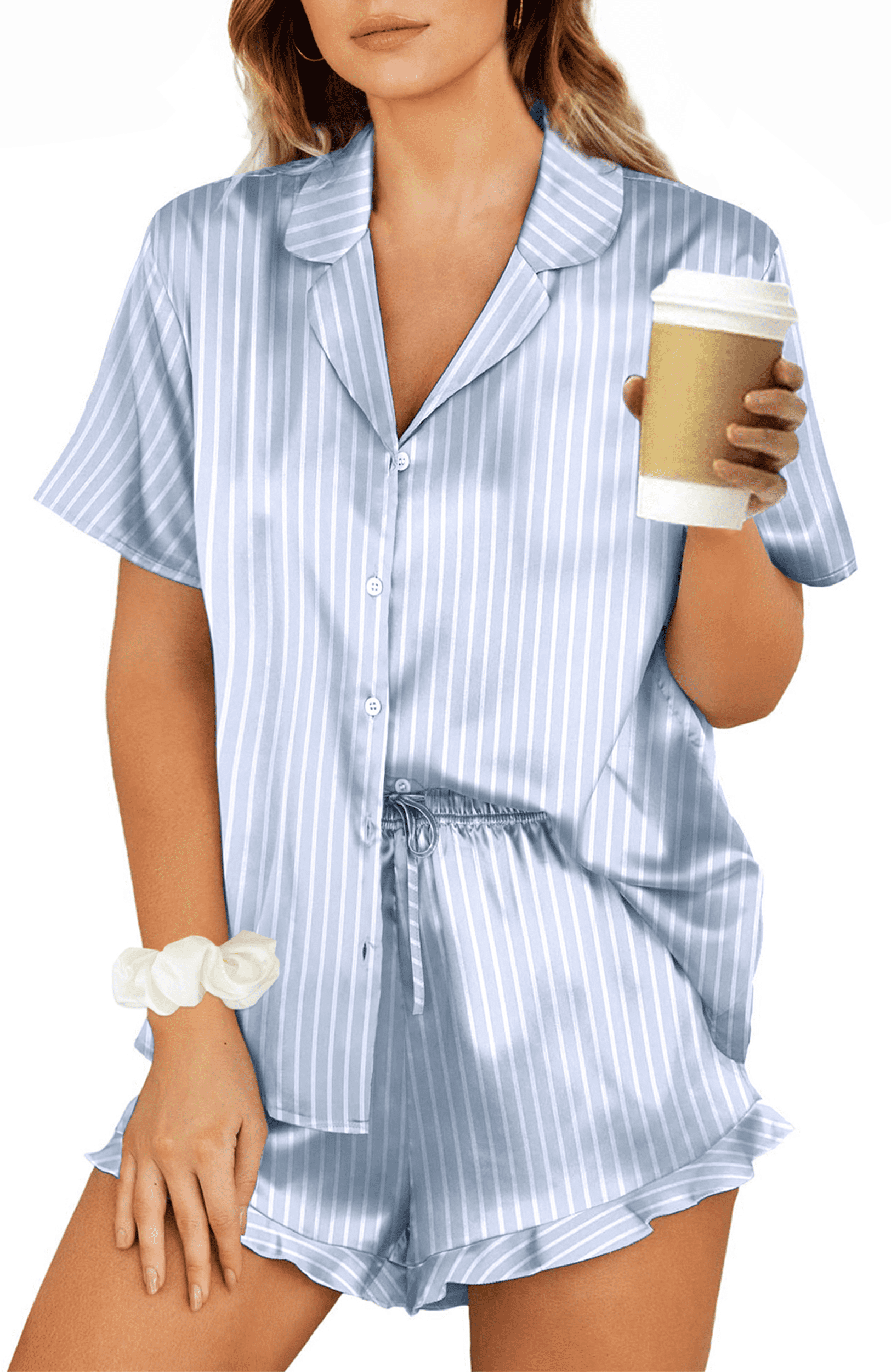 Pajamas Sets for Women Short Sleeve Button Down Tops and Ruffle Shorts 2 Piece Outfit Satin Silk Pjs Sleepwear Loungewear