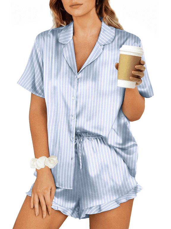Pajamas Sets for Women Short Sleeve Button Down Tops and Ruffle Shorts 2 Piece Outfit Satin Silk Pjs Sleepwear Loungewear