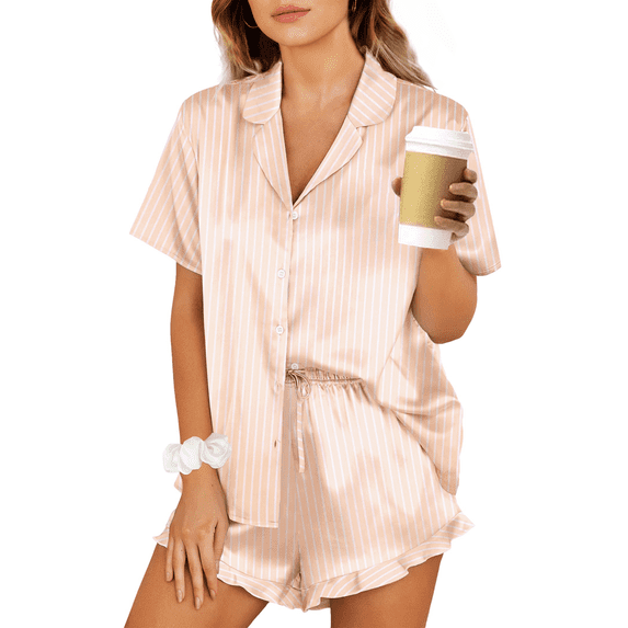 UVN Pajamas Sets for Women Short Sleeve Button Down Tops and Ruffle Shorts 2 Piece Outfit Satin Silk Pjs Sleepwear Loungewear