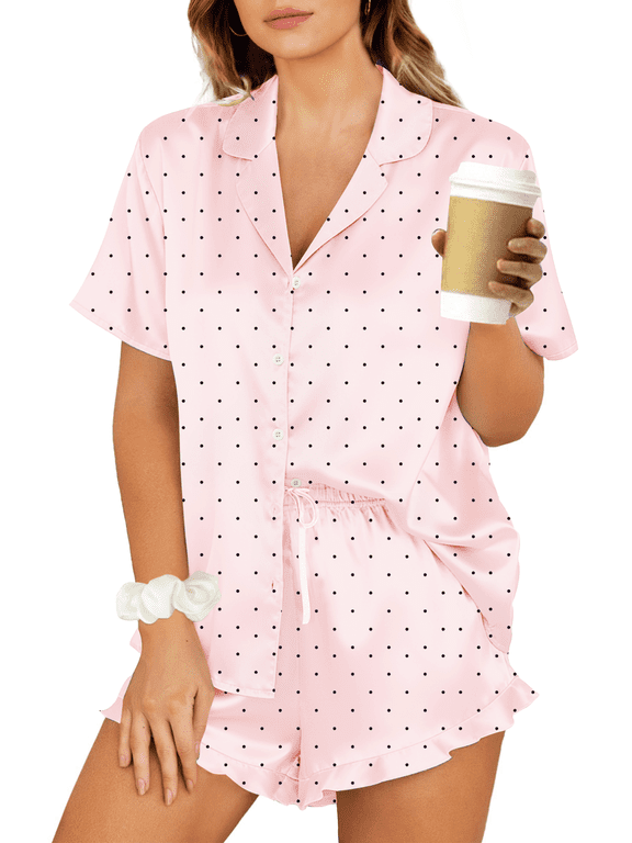 Pajamas Sets for Women Short Sleeve Button Down Tops and Ruffle Shorts 2 Piece Outfit Satin Silk Pjs Sleepwear Loungewear