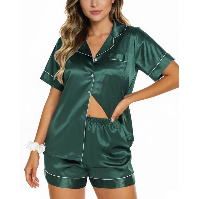 UVN Pajamas Sets for Women Short Sleeve Button Down Tops and Shorts 2 Piece Outfit Soft Satin Silk Pjs Sleepwear Loungewear