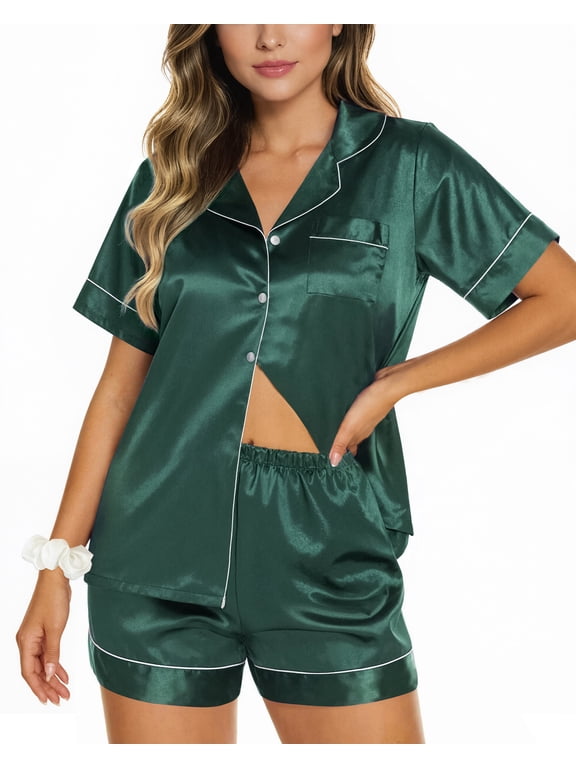 Pajamas Sets for Women Short Sleeve Button Down Tops and Shorts 2 Piece Outfit Soft Satin Silk Pjs Sleepwear Loungewear