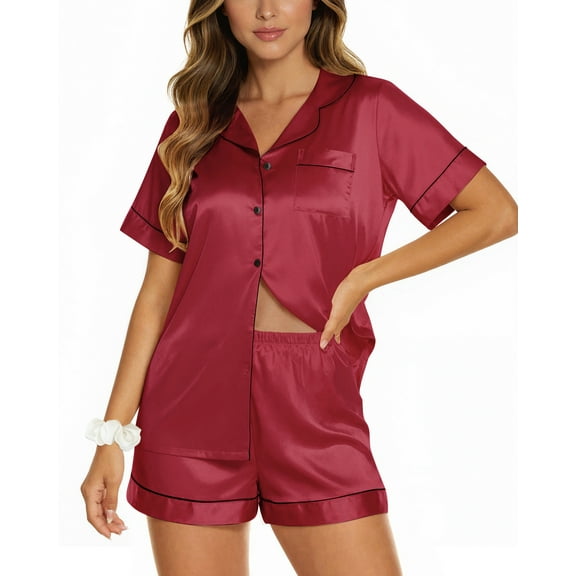 UVN Pajamas Sets for Women Short Sleeve Button Down Tops and Shorts 2 Piece Outfit Soft Satin Silk Pjs Sleepwear Loungewear