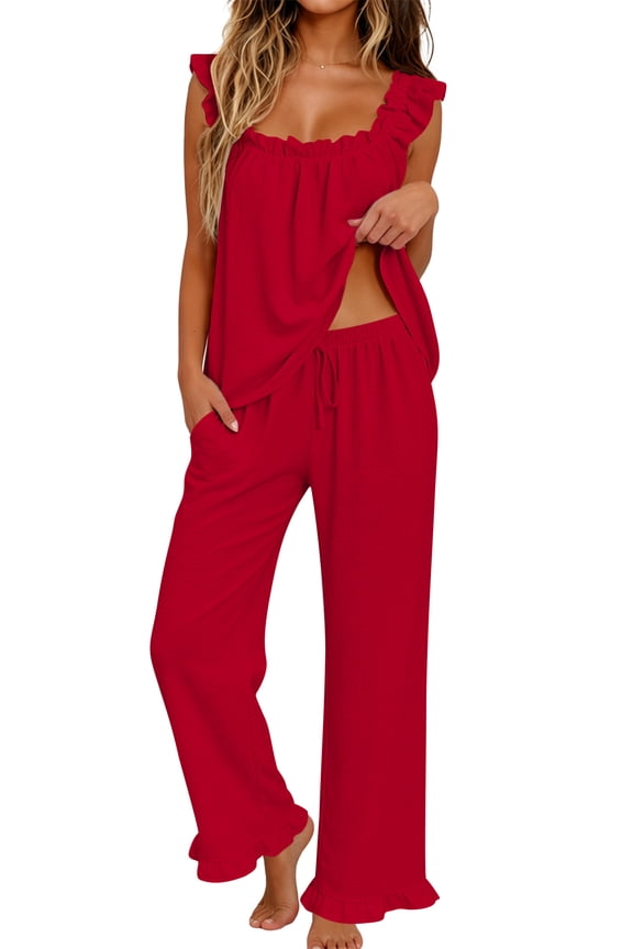 Pajamas for Women 2 Piece Ruffle Strap Tops and Drawstring Long Pants Ladies Casual Sleepwear Lounge Pajama Sets with Pockets
