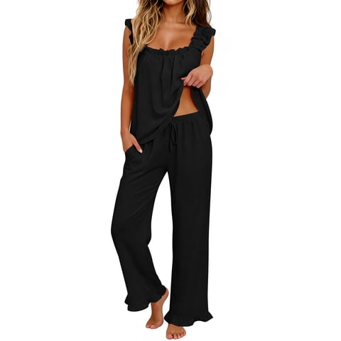 Pajamas for Women 2 Piece Ruffle Strap Tops and Long Pants Ladies Casual Sleepwear Fall Lounge Pajama Sets