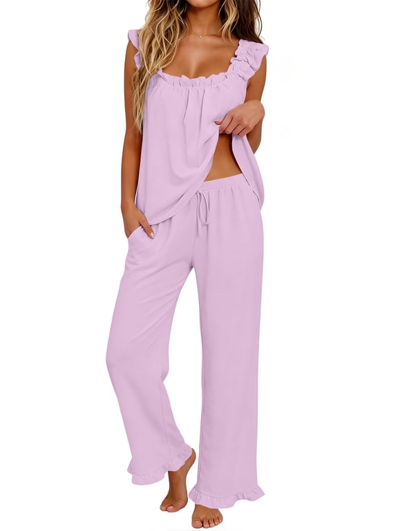 Pajamas for Women 2 Piece Ruffle Strap Tops and Long Pants Ladies Casual Sleepwear Fall Lounge Pajama Sets
