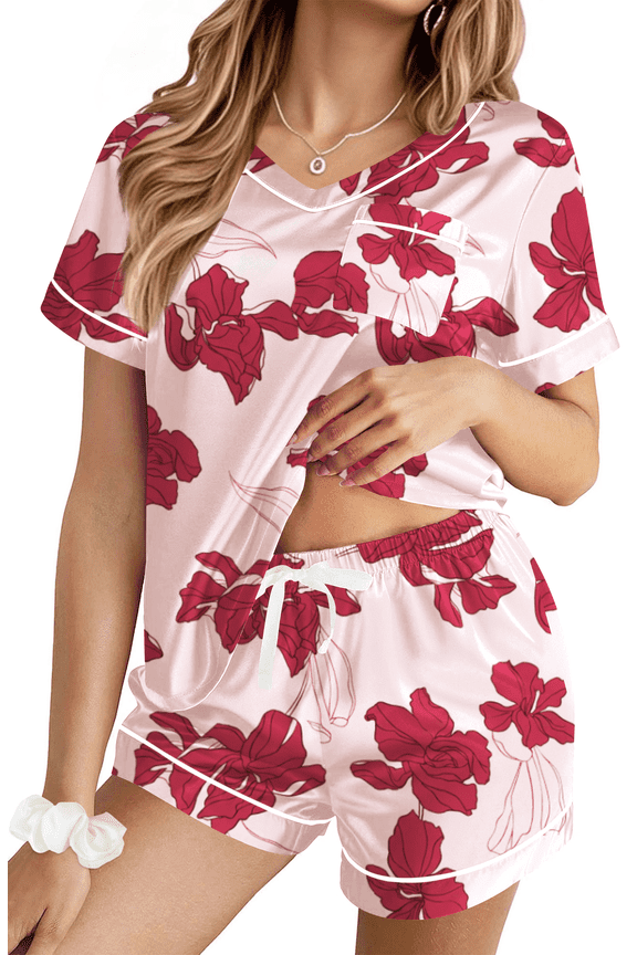 Pajamas for Women Summer Short Sleeve Tops and Shorts Soft Satin Silk Pj Set Sleepwear Loungewear 2 Piece Outfit