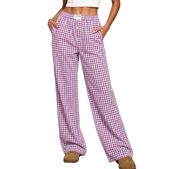 UVN Pants for Women Gingham Wide Leg Casual Lounge Bottoms Ladies Plaid Trousers with Pocket