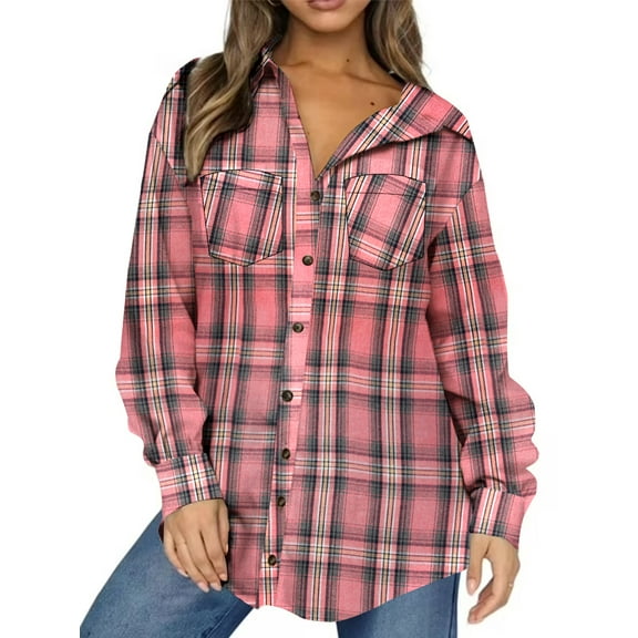 UVN Plaid Shirt for Women Oversized Flannel Long Sleeve Shirts Casual Button Down Blouse Tops with Pockets