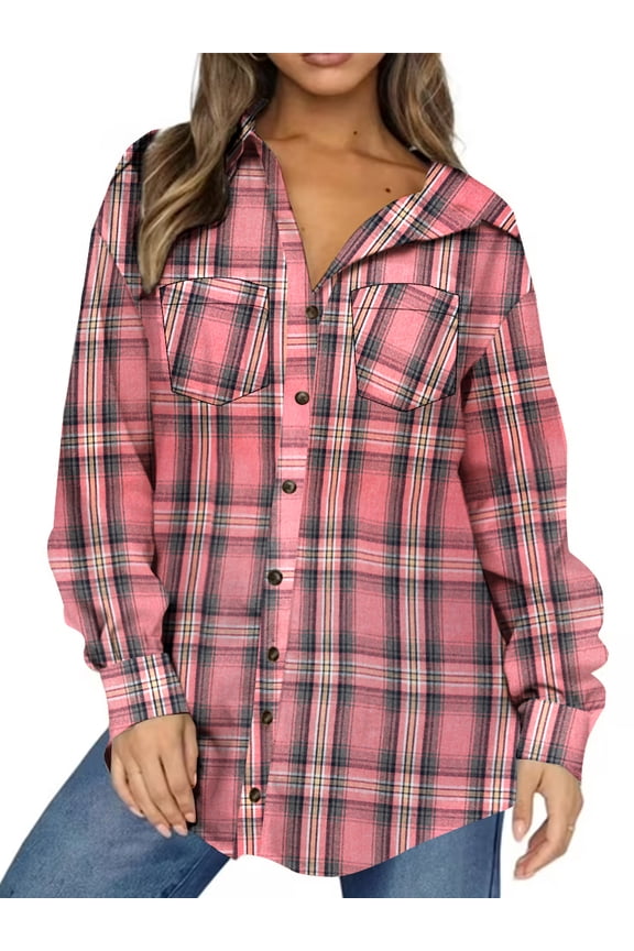 Plaid Shirt for Women Oversized Flannel Long Sleeve Shirts Casual Button Down Blouse Tops with Pockets