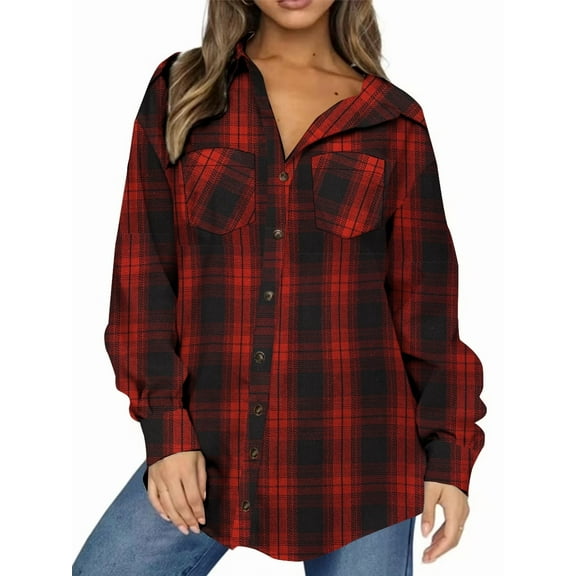 UVN Plaid Shirt for Women Oversized Flannel Long Sleeve Shirts Casual Button Down Blouse Tops with Pockets